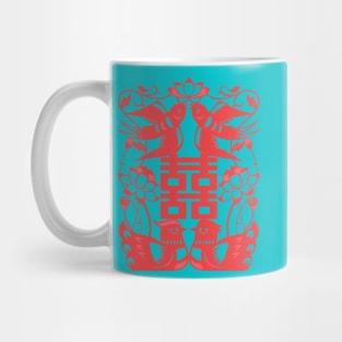 Traditional Chinese Paper Cutting Pattern - Hong Kong Retro Teal Blue with Red Symbol Mug